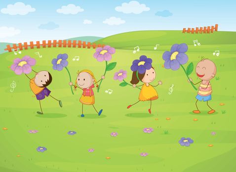 illustration of kids in a beautiful nature