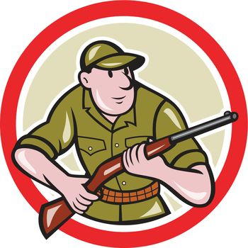 Illustration of a hunter carrying rifle facing front set inside circle on isolated background done in cartoon style.