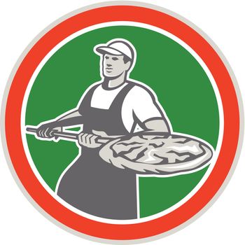 Illustration of a baker holding a peel with pizza pie facing front set inside circle done in retro style on isolated white background.