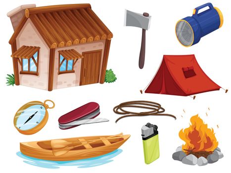 illustration of various objects of camping on a white background
