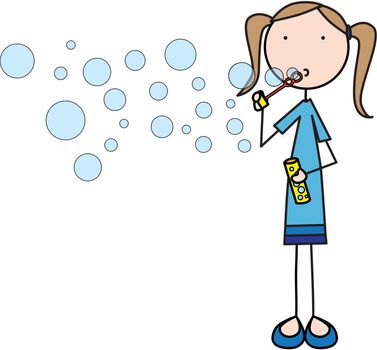 Illustration of a girl blowing soap bubbles