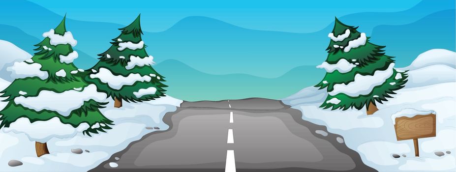 illustration of a snowy landscape and a road