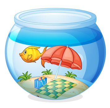 illustration of a water bowl and a fish on a white background