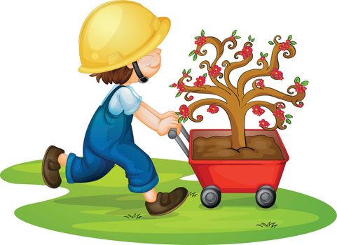 illustration of a boy carrying tree in a trolley