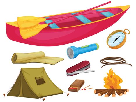 illustration of various camping objects on a white background