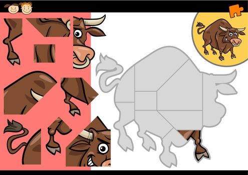 Cartoon Illustration of Education Jigsaw Puzzle Game for Preschool Children with Funny Bull Animal Character