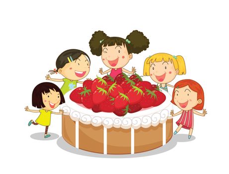 illustration of kids and cake on a white background