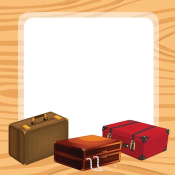 illustration of bags and a white background with wooden edge