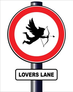 A spoof traffic sign with cupid and the notice lovers lane all isolated on a white background