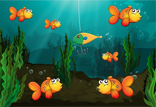 Illustration of a fish caught in a bait being watched by other fishes