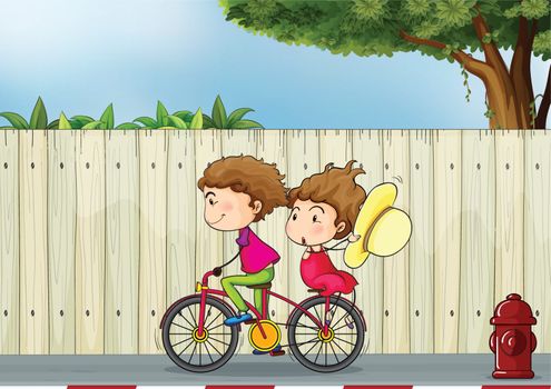 Illustration of a girl and a boy biking