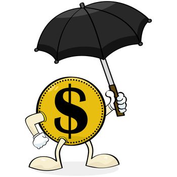 Concept illustration showing a coin holding an umbrella to protect itself