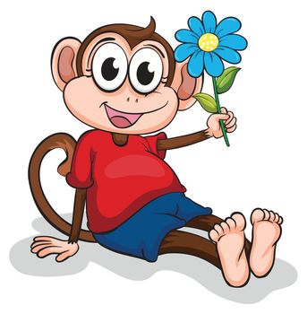 Illustration of a monkey with a blue flower on a white background