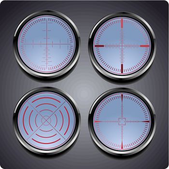 Set of four different crosshairs on a weapon or scientific instrument allowing calibration and precision focusing