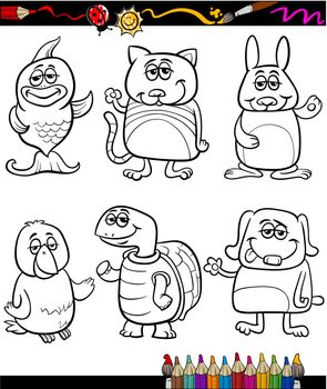 Coloring Book or Page Cartoon Illustration Set of Black and White Cute Pets Animals Characters for Children
