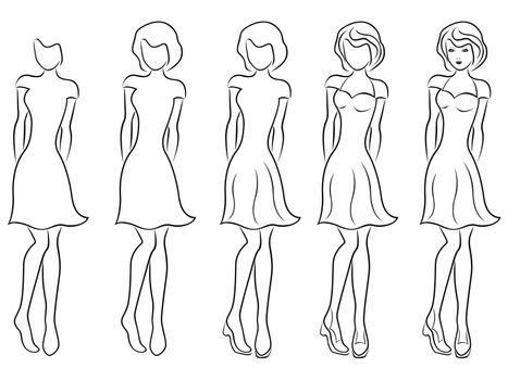 Sequence of hand drawing creation a beautiful women vector contour with five steps. Model of each stage can be used as a self-contained image