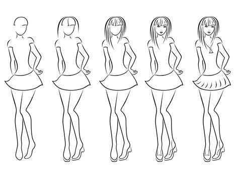 Attractive young women vector contour in hand drawing sequence with five steps. Model of each stage can be used as a self-contained image