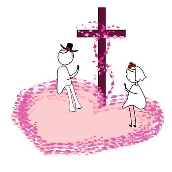 Married couple praying together with heart and cross