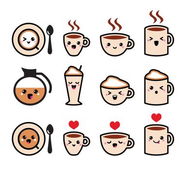 Coffee icons set isolated on white - mug, cup, different types of coffee