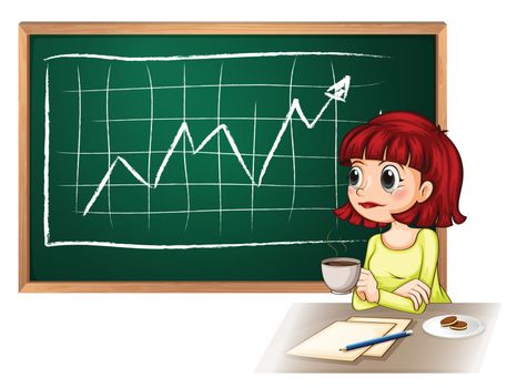 Illustration of a woman taking a break in front of the blackboard on a white background
