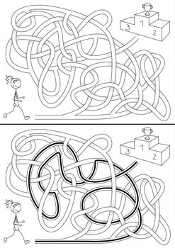 Runner maze for kids with a solution in black and white