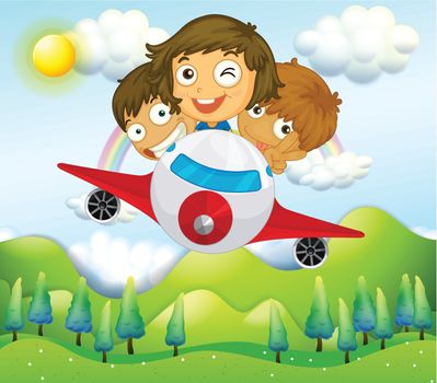 Illustration of an airplane with three playful kids