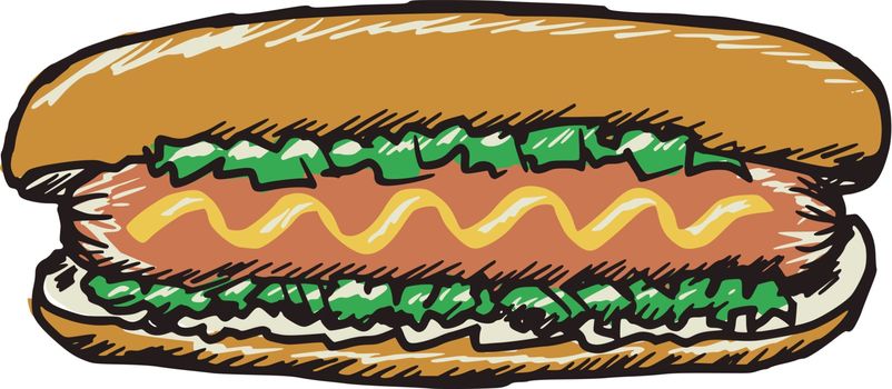 hand drawn, sketch, cartoon illustration of hot dog