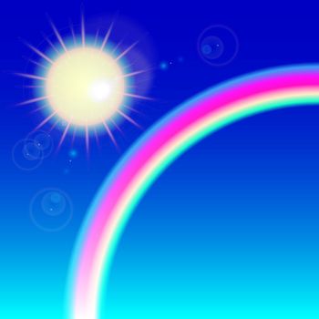 sunny weather background with reflection and colorful rainbow