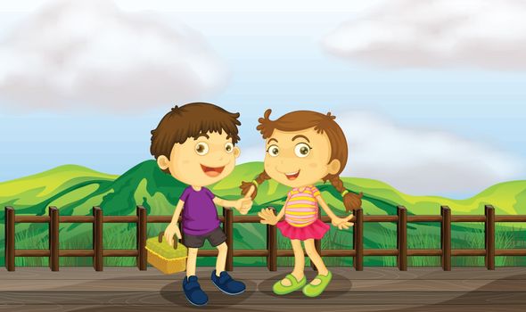 Illustration of a young girl and a young boy at the wooden bridge