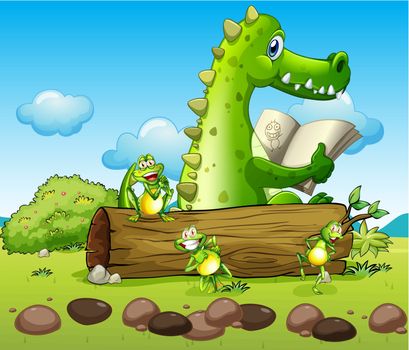 Illustration of a crocodile and the three playful frogs
