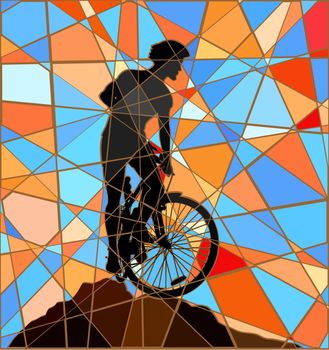 Editable vector colorful mosaic illustration of a mountain biker silhouette high on a ridge