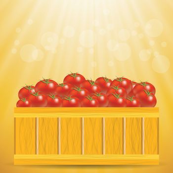colorful illustration with box of tomatoes on a sun background for your design