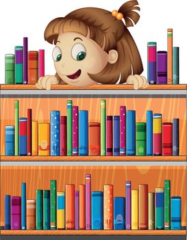 Illustrayion of a playful young girl in the library on a white background