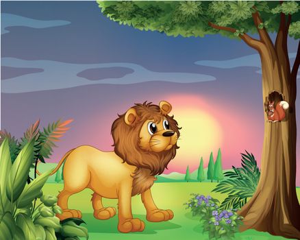 Illustration of a lion watching a squirrel