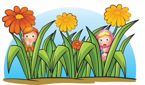 Illustration of two little girls hiding on a white background