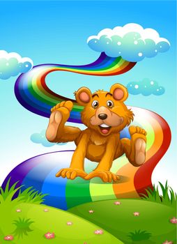 Illustration of a hilltop with a playful bear near the rainbow