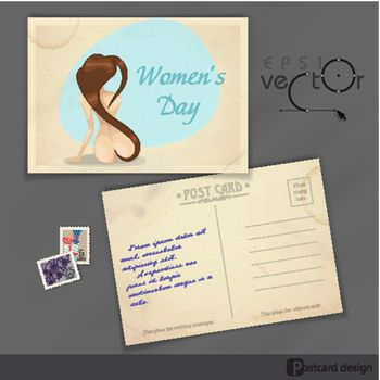 Old Postcard Design, Template. Happy Women's Day, March 8. Nude Girl With Long Hair. Vector Illustration. Eps 10.