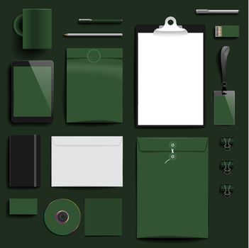 Corporate identity template on dark green background. Use layer "Print" in vector file to recolor objects. Eps-10 with transparency.