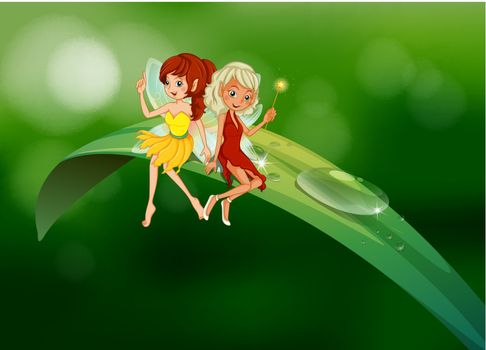 Illustration of the two fairies sitting on an elongated leaf