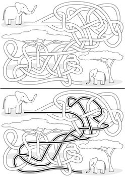 Elephant maze for kids with a solution in black and white