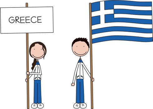 Illustration of a girl and boy holding Greek flag and banner
