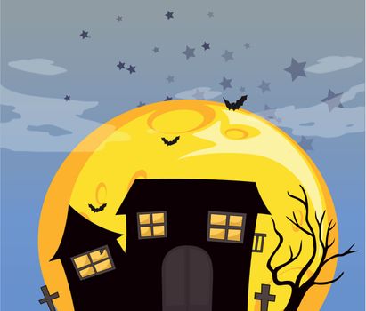 Illustration of a haunted house and the bright full moon