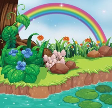 Illustration of a riverbank with flowers and a rainbow