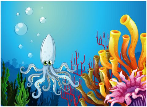 Illustration of a squid under the sea on a white background