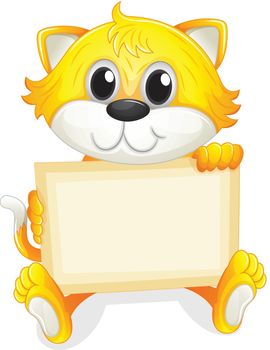 Illustration of a happy kitten with an empty board on a white background