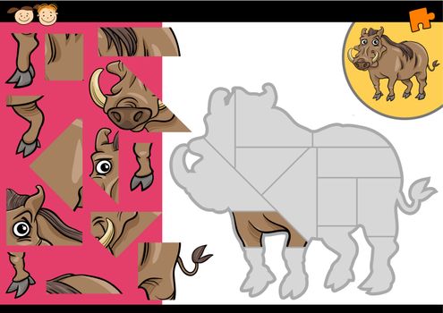 Cartoon Illustration of Education Jigsaw Puzzle Game for Preschool Children with Funny Warthog Animal Character