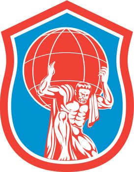 Illustration of Atlas carrying globe world earth on shoulders viewede from front set inside shield done in retro style.