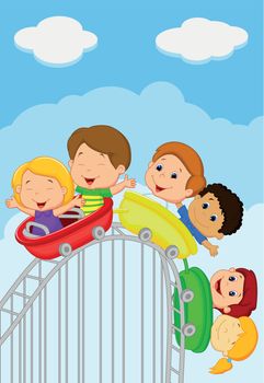 Vector Illustration Of Cartoon kids riding roller coaster