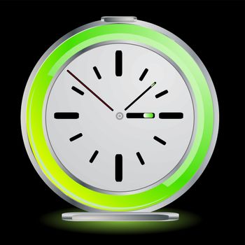 Editable vector green glowing alarm clock on black background