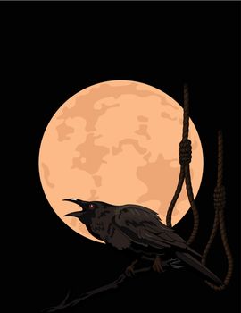 Halloween Crow sitting on a branch and croaks against a full moon and rope halter